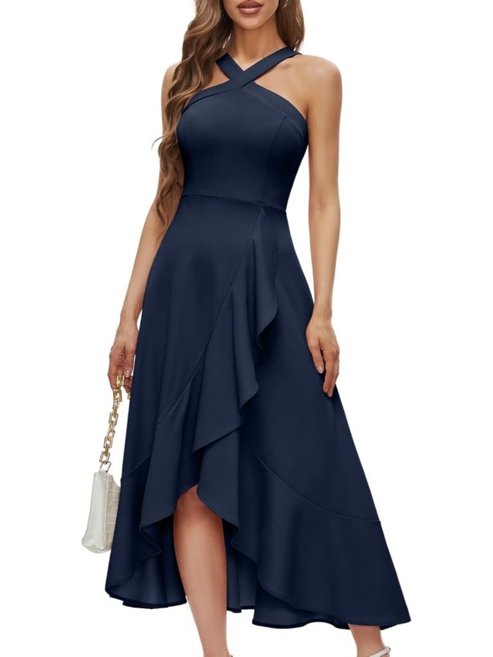 Women's Navy Comfort Formal Wedding Guest Hi-Lo Prom Evening Party Maxi Dresses